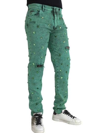 Dolce & Gabbana Green Crystals Cotton Stretch Slim Jeans