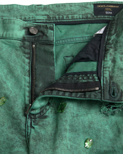 Dolce & Gabbana Green Crystals Cotton Stretch Slim Jeans