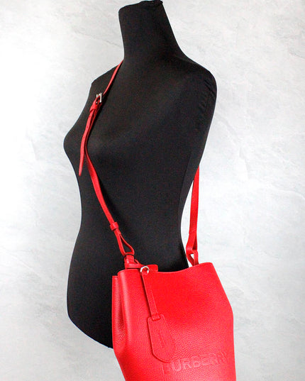 Burberry Lorne Small Red Pebbled Leather Bucket Crossbody Purse Bag