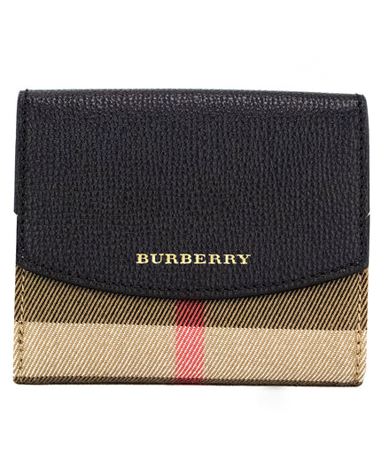 Burberry Luna Black Grained Leather House Check Canvas Coin Pouch Snap Wallet