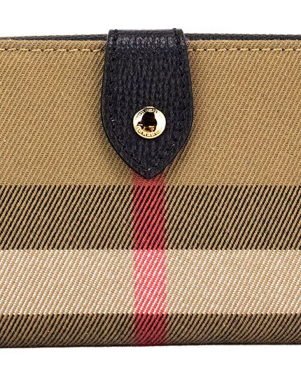 Burberry Luna Black Grained Leather House Check Canvas Coin Pouch Snap Wallet