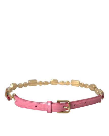 Dolce & Gabbana Pink Leather Crystal Chain Embellished Belt