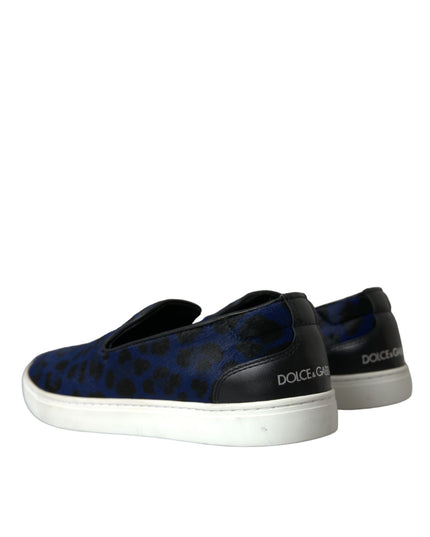 Dolce & Gabbana Blue Calfskin Hair Leopard Sneakers Shoes