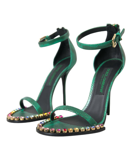 Dolce & Gabbana Green Exotic Leather Crystal Sandals Shoes