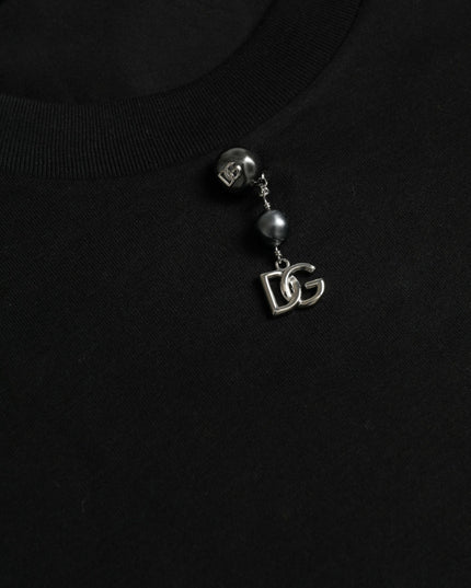 Dolce & Gabbana Black Embellished Cotton Crew Neck T-shirt