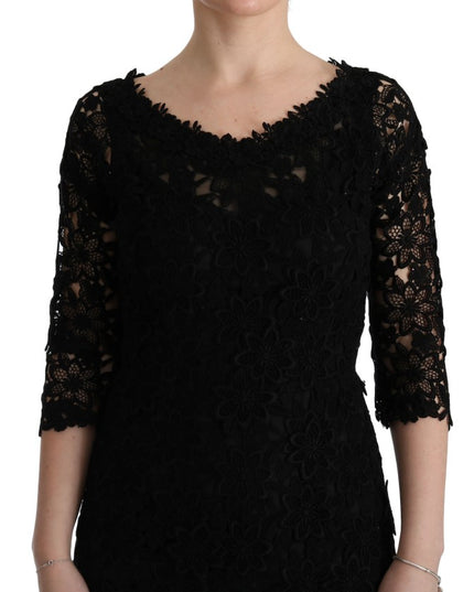 Dolce & Gabbana Black Floral Ricamo Sheath Long Dress