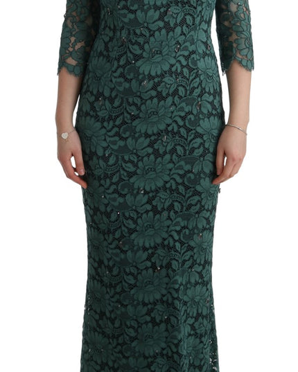 Dolce & Gabbana Green Floral Crystal Ricamo Sheath Dress