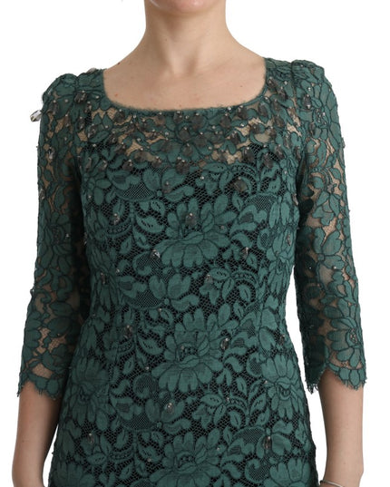 Dolce & Gabbana Green Floral Crystal Ricamo Sheath Dress