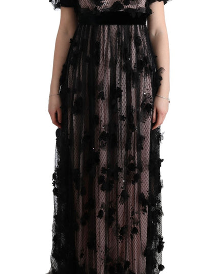 Dolce & Gabbana Black Pink Silk Applique Shift Dress