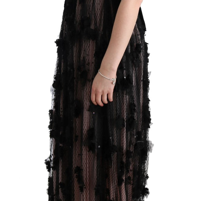 Dolce & Gabbana Black Pink Silk Applique Shift Dress