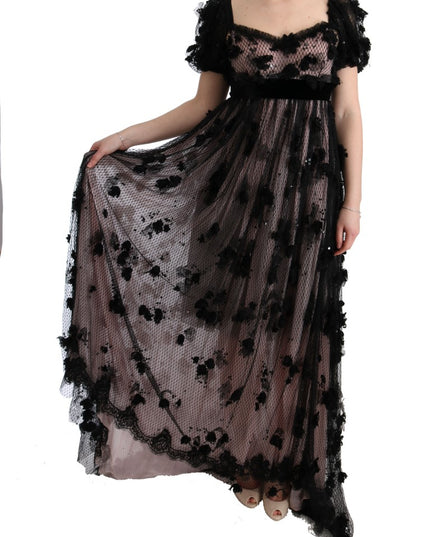 Dolce & Gabbana Black Pink Silk Applique Shift Dress