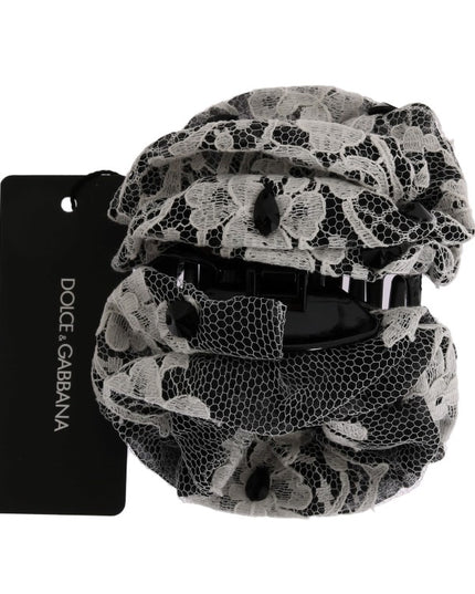 Dolce & Gabbana Black White Floral Lace Crystal Hair Claw