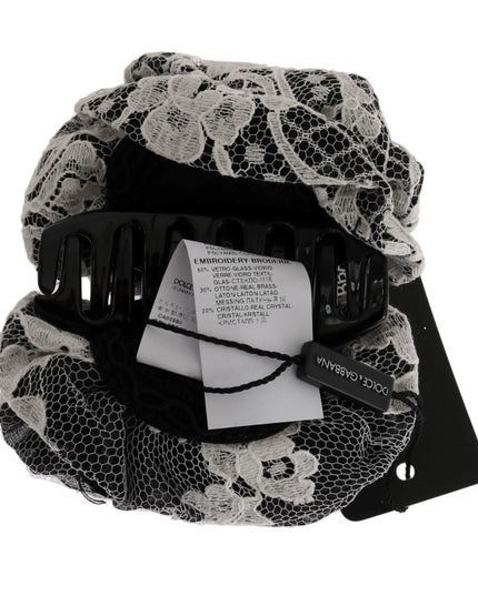 Dolce & Gabbana Black White Floral Lace Crystal Hair Claw