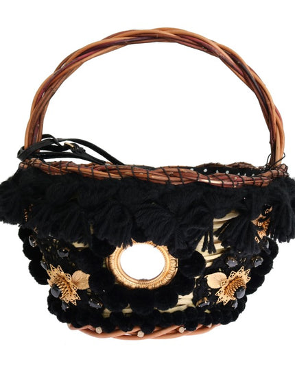 Dolce & Gabbana Beige Straw Snakeskin Pom Pom Crystal AGNESE Bag