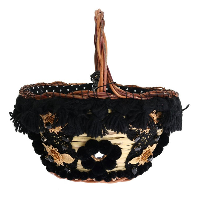 Dolce & Gabbana Beige Straw Snakeskin Pom Pom Crystal AGNESE Bag