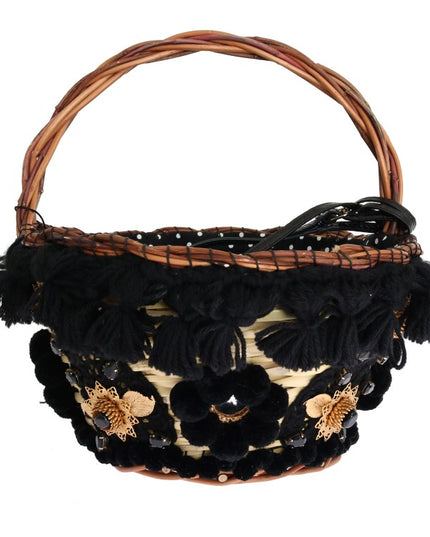 Dolce & Gabbana Beige Straw Snakeskin Pom Pom Crystal AGNESE Bag
