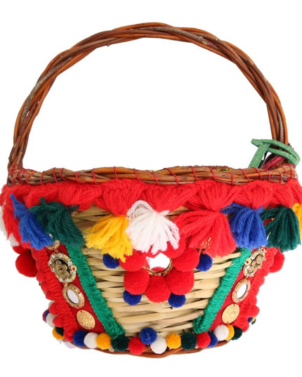 Dolce & Gabbana Multicolor AGNESE Straw Crystal  Pom Pom Bag