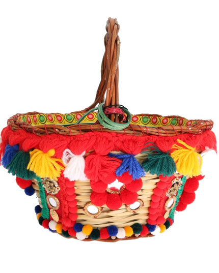 Dolce & Gabbana Multicolor AGNESE Straw Crystal  Pom Pom Bag