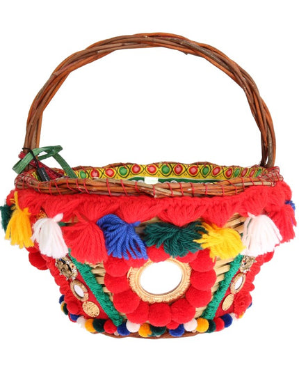 Dolce & Gabbana Multicolor AGNESE Straw Crystal  Pom Pom Bag