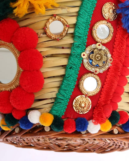 Dolce & Gabbana Multicolor AGNESE Straw Crystal  Pom Pom Bag