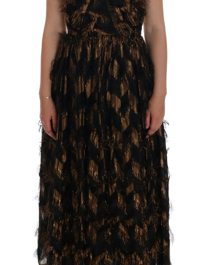 Dolce & Gabbana Black Silk Brown Fringes A-Line Dress