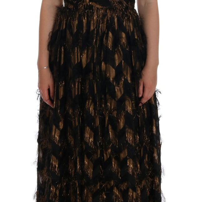 Dolce & Gabbana Black Silk Brown Fringes A-Line Dress