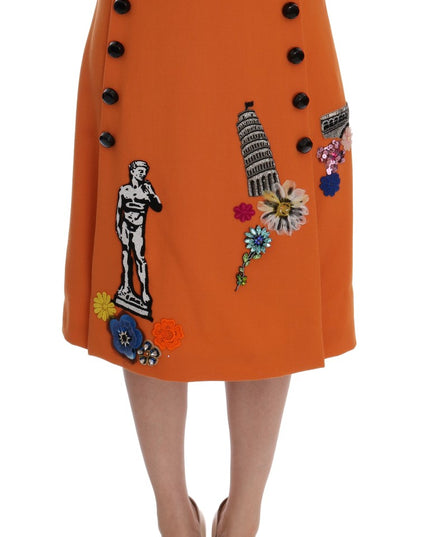 Dolce & Gabbana Orange Wool Crystal Sequin Appliques Skirt
