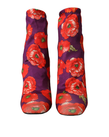 Dolce & Gabbana Purple Floral Jersey Stretch Boots Shoes