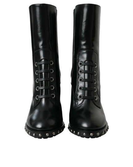 Dolce & Gabbana Black Leather Studded Lace Up Boots Shoes
