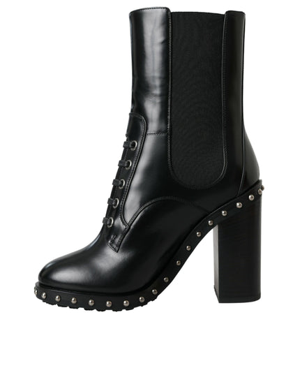 Dolce & Gabbana Black Leather Studded Lace Up Boots Shoes