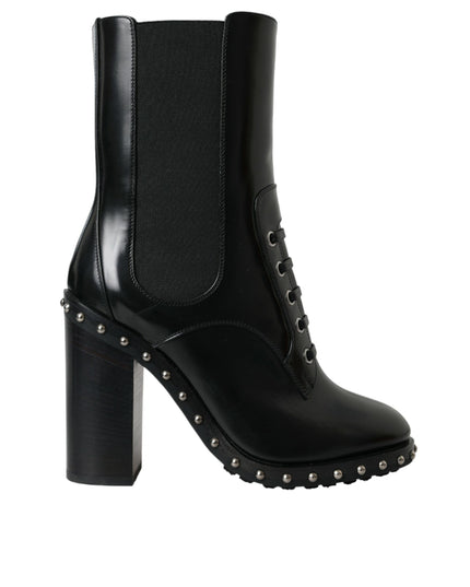 Dolce & Gabbana Black Leather Studded Lace Up Boots Shoes