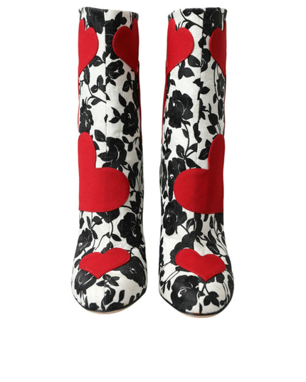 Dolce & Gabbana White Floral Hearts Leather High Boots Shoes