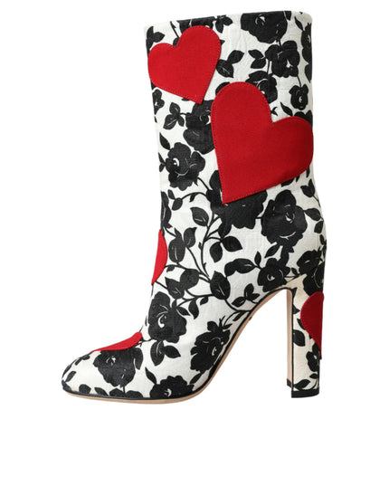 Dolce & Gabbana White Floral Hearts Leather High Boots Shoes