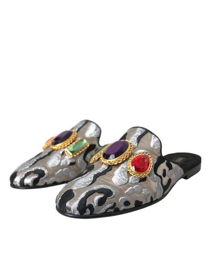 Dolce & Gabbana Gray Jacquard Crystal Mule Flat Sandals Shoes
