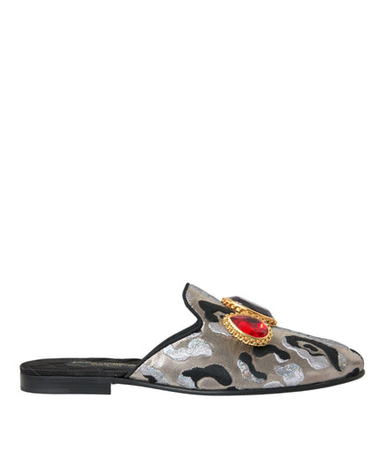 Dolce & Gabbana Gray Jacquard Crystal Mule Flat Sandals Shoes
