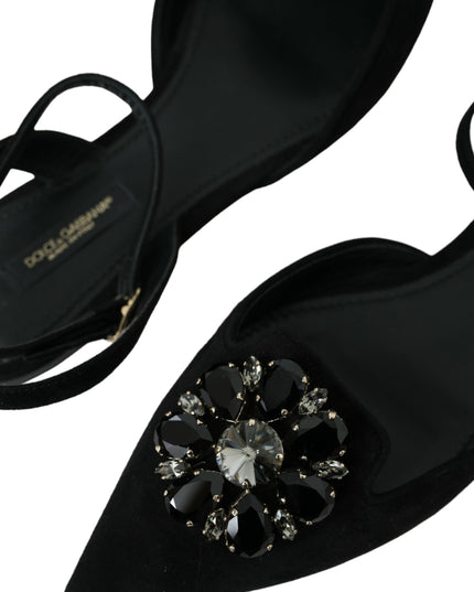 Dolce & Gabbana Black Leather Crystal Slingback Sandals Shoes