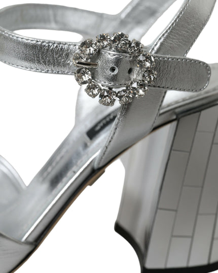 Dolce & Gabbana Silver Lambskin Leather Heels Sandals Shoes