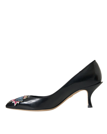 Dolce & Gabbana Black Leather BOOM Patch Heels Pumps Shoes