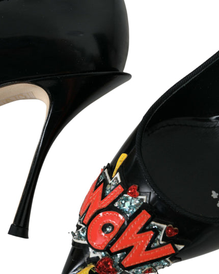 Dolce & Gabbana Black Leather WOW Patch Heels Pumps Shoes