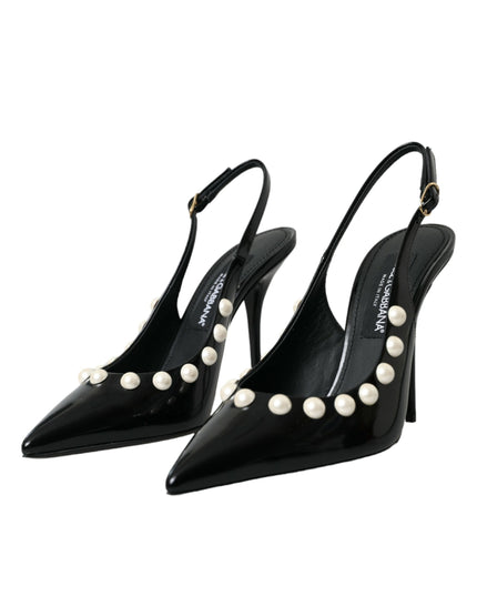 Dolce & Gabbana Black Leather Faux Pearl Heel Slingback Shoes