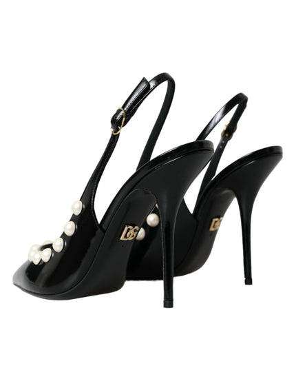 Dolce & Gabbana Black Leather Faux Pearl Heel Slingback Shoes