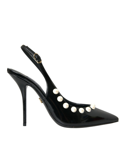 Dolce & Gabbana Black Leather Faux Pearl Heel Slingback Shoes