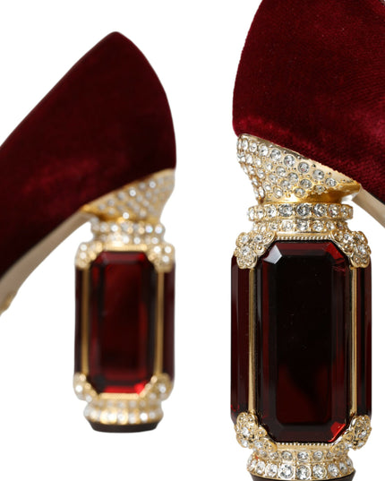 Dolce & Gabbana Red Velvet Gold Crystals Heels Mary Jane Shoes