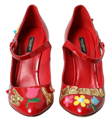 Dolce & Gabbana Red Leather Embellished Mary Jane Pumps Heels Shoes