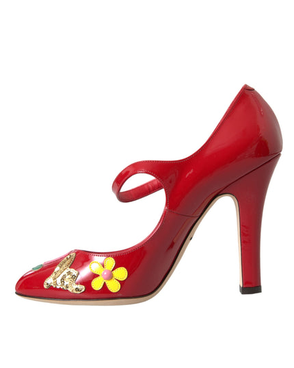 Dolce & Gabbana Red Leather Embellished Mary Jane Pumps Heels Shoes