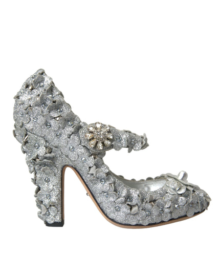 Dolce & Gabbana Silver Floral Crystal Mary Jane Pumps Shoes