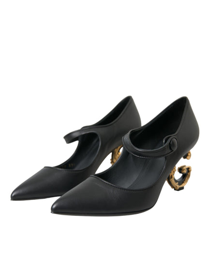 Dolce & Gabbana Black Leather Logo Heels Mary Janes Pumps Shoes