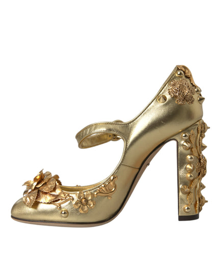 Dolce & Gabbana Gold Leather Crystal Mary Janes Pumps Shoes