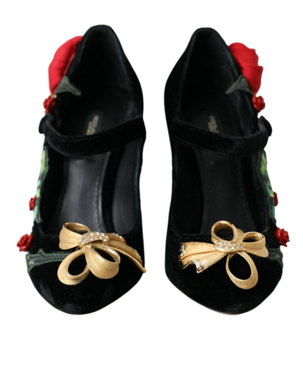 Dolce & Gabbana Black Roses Crystal Brooch Mary Jane Shoes