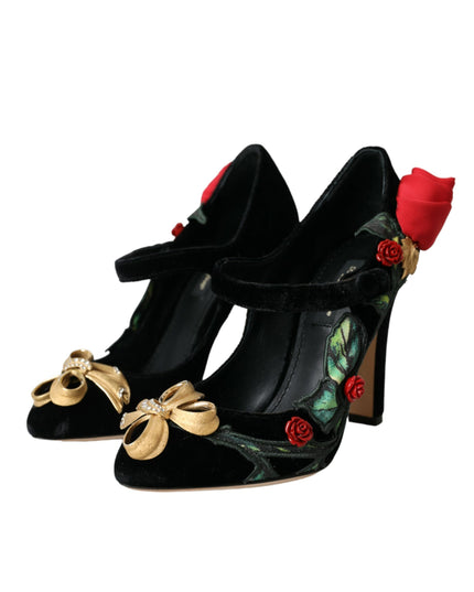 Dolce & Gabbana Black Roses Crystal Brooch Mary Jane Shoes